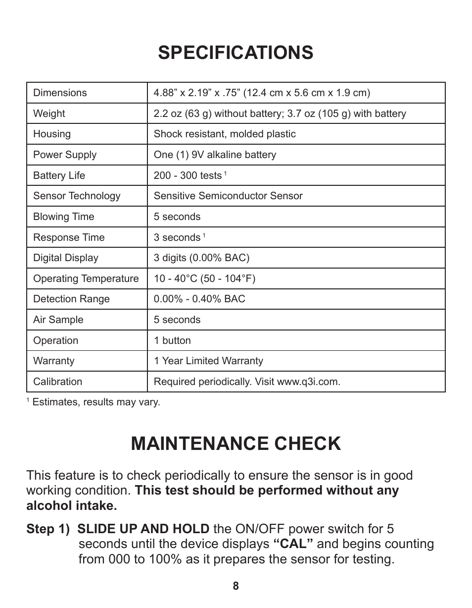 Specifications, Maintenance check | Q3 Innovations AlcoHAWK CA2010 User Manual | Page 10 / 16