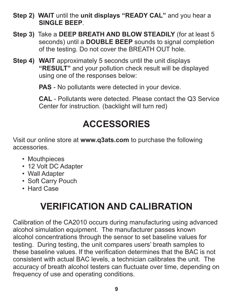 Accessories, Verification and calibration | Q3 Innovations AlcoHAWK CA2010 User Manual | Page 11 / 16