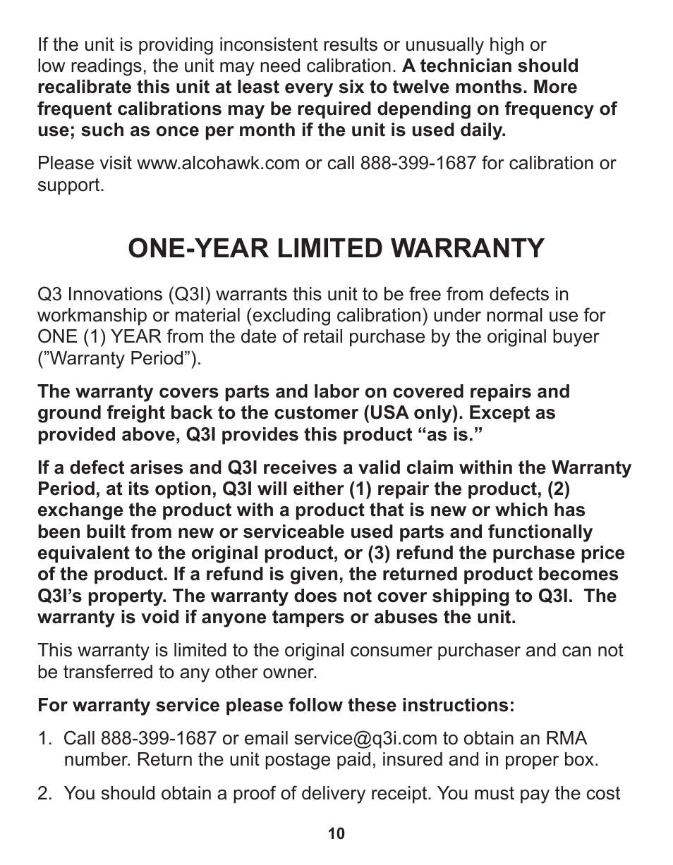 One-year limited warranty | Q3 Innovations AlcoHAWK CA2010 User Manual | Page 12 / 16