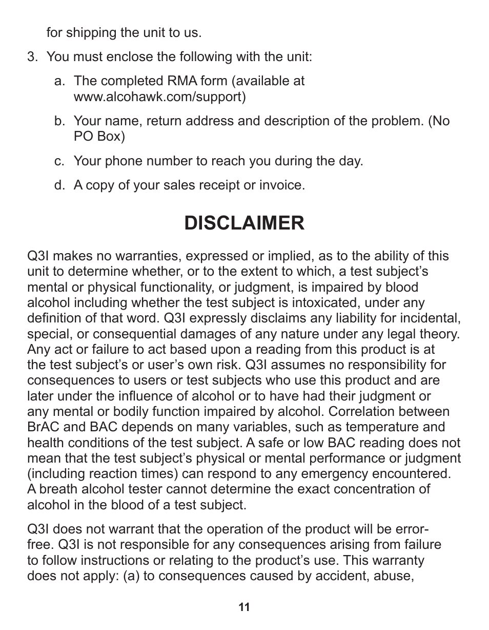 Disclaimer | Q3 Innovations AlcoHAWK CA2010 User Manual | Page 13 / 16