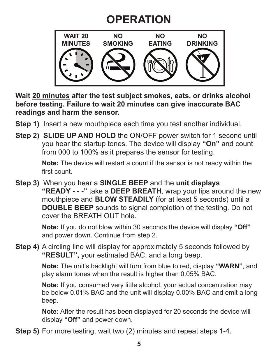 Operation | Q3 Innovations AlcoHAWK CA2010 User Manual | Page 7 / 16