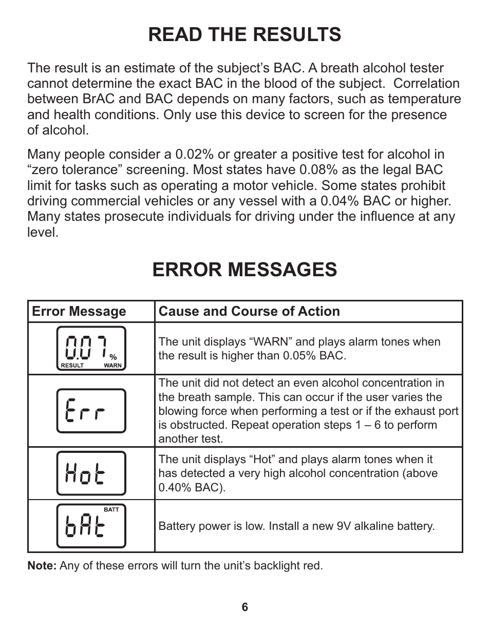 Read the results, Error messages | Q3 Innovations AlcoHAWK CA2010 User Manual | Page 8 / 16