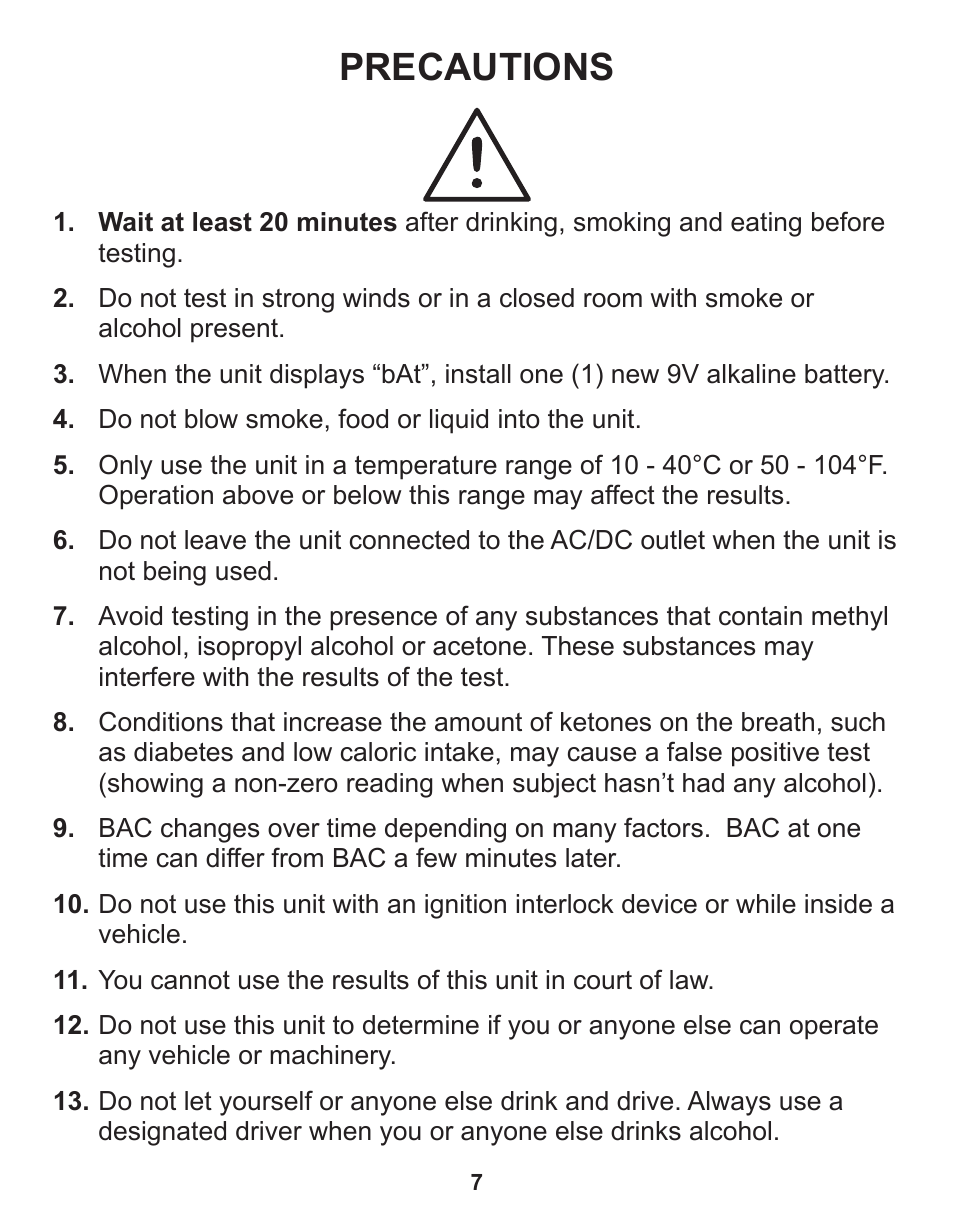 Precautions | Q3 Innovations AlcoHAWK CA2010 User Manual | Page 9 / 16