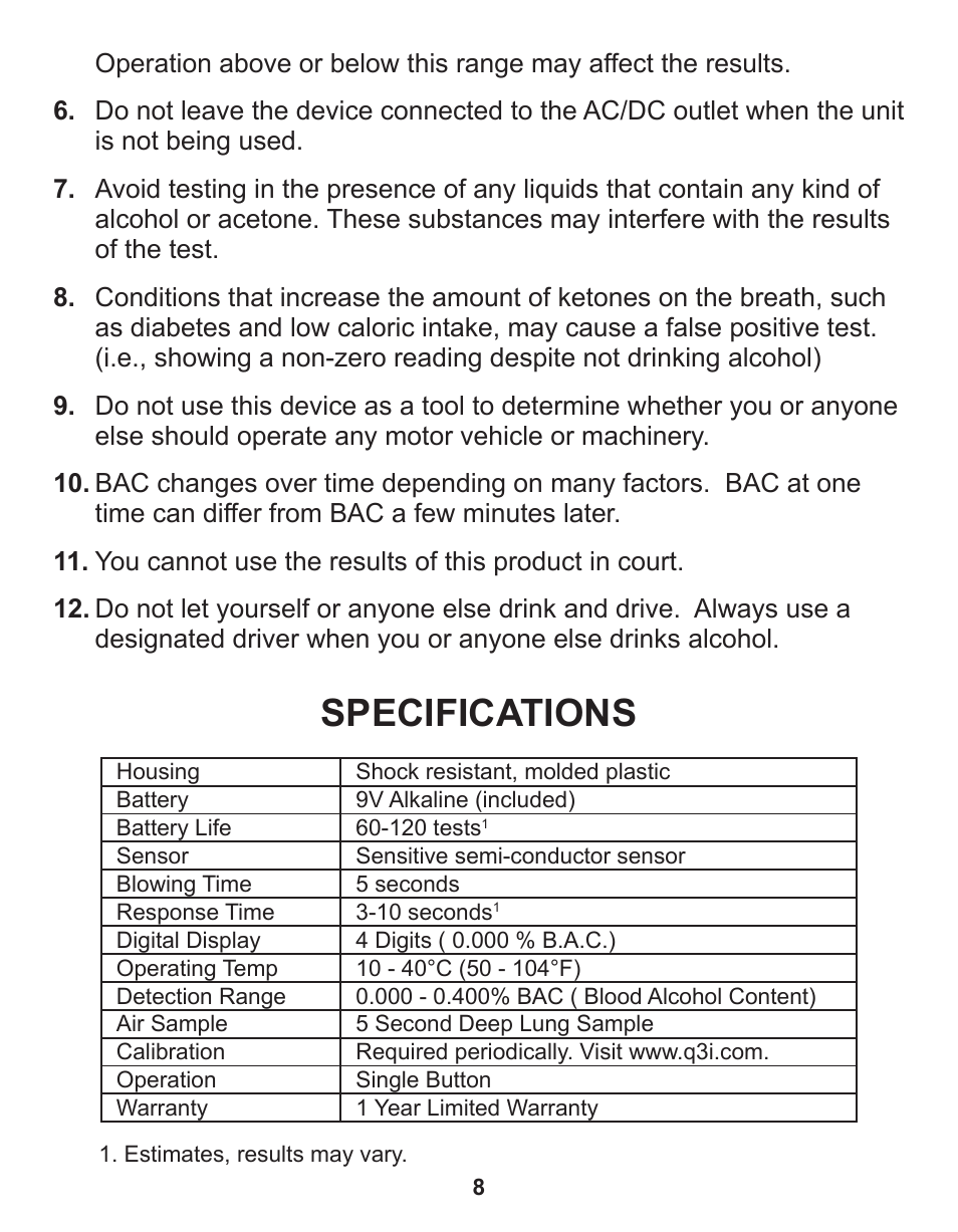 Specifications | Q3 Innovations AlcoHAWK ELITE User Manual | Page 10 / 16