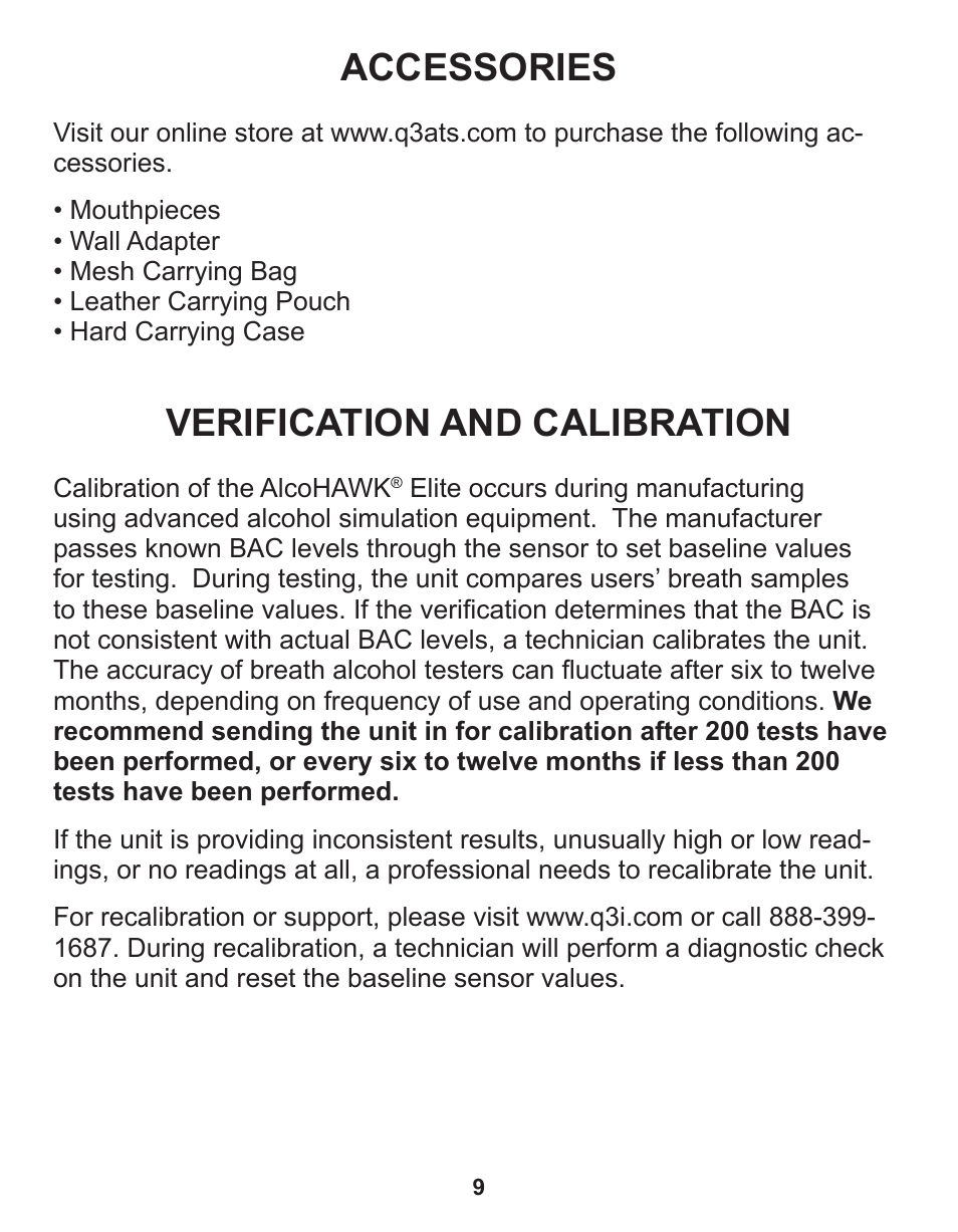 Accessories, Verification and calibration | Q3 Innovations AlcoHAWK ELITE User Manual | Page 11 / 16