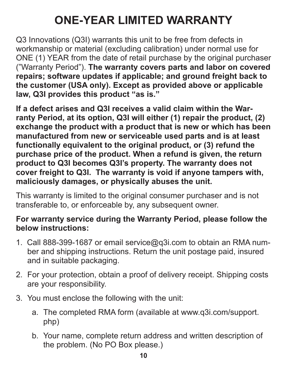 One-year limited warranty | Q3 Innovations AlcoHAWK ELITE User Manual | Page 12 / 16