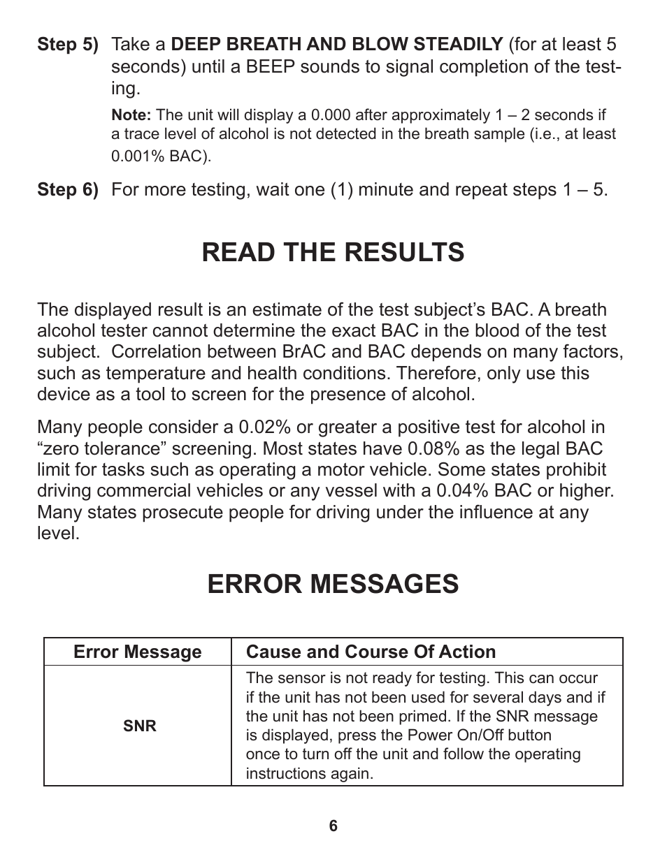 Read the results, Error messages | Q3 Innovations AlcoHAWK ELITE User Manual | Page 8 / 16