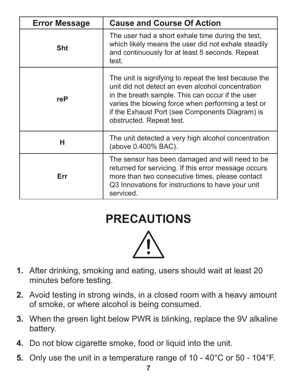 Precautions | Q3 Innovations AlcoHAWK ELITE User Manual | Page 9 / 16