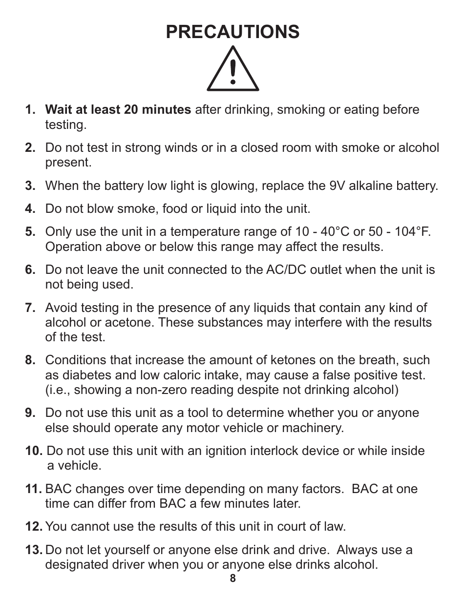 Precautions | Q3 Innovations AlcoHAWK ABI User Manual | Page 10 / 16