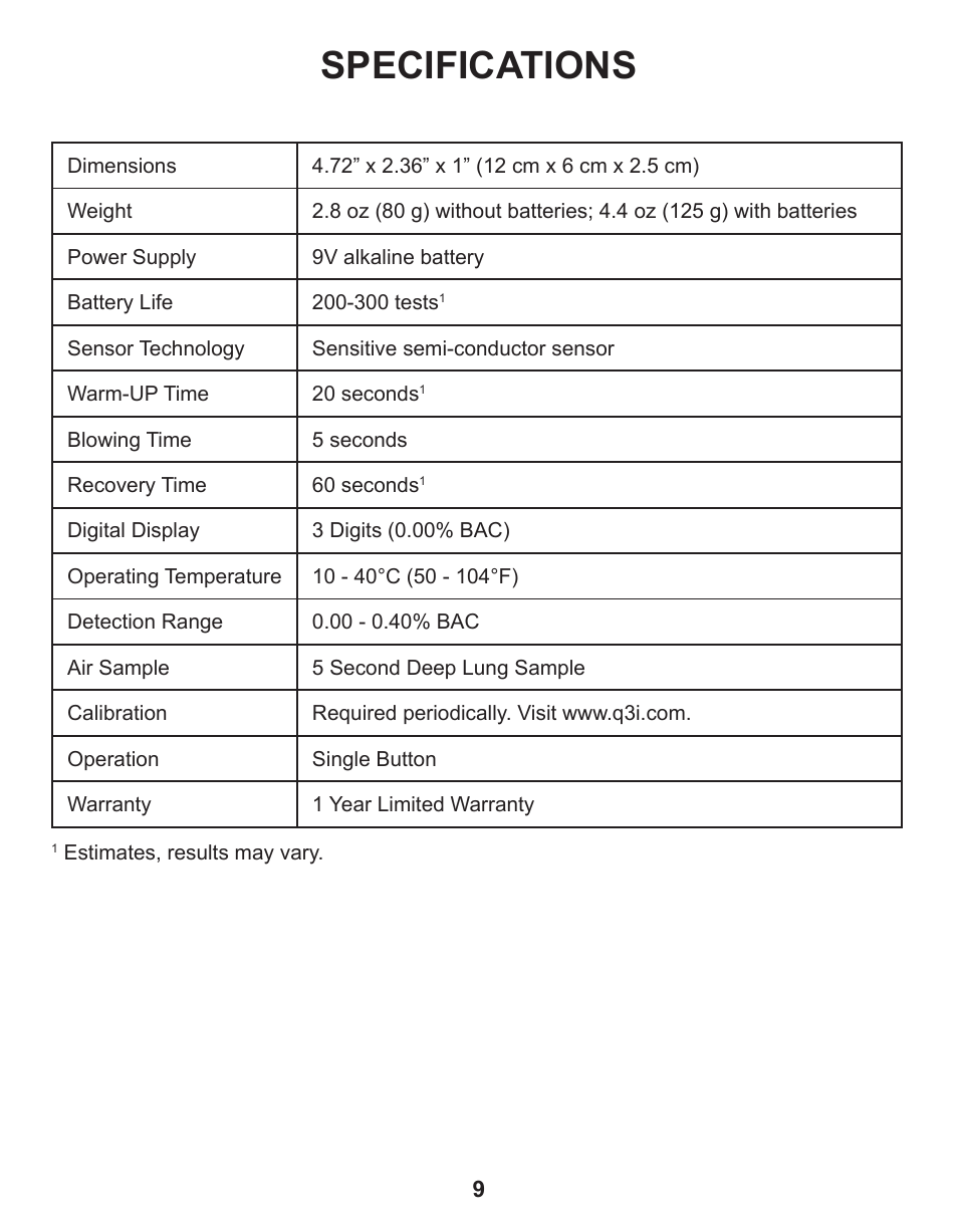 Specifications | Q3 Innovations AlcoHAWK ABI User Manual | Page 11 / 16