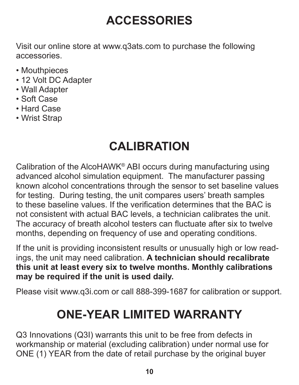 Accessories, Calibration, One-year limited warranty | Q3 Innovations AlcoHAWK ABI User Manual | Page 12 / 16