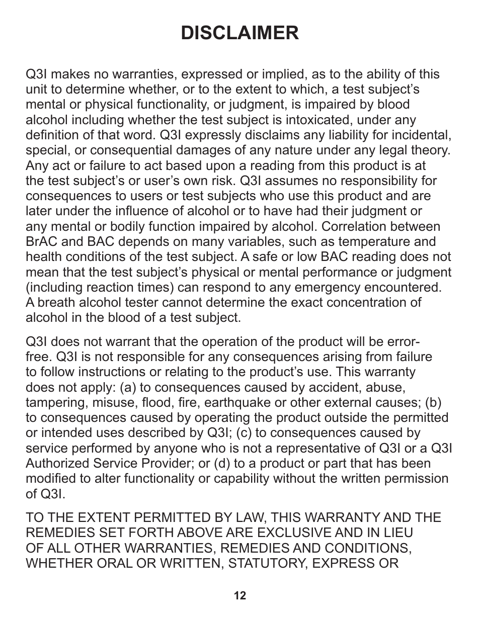 Disclaimer | Q3 Innovations AlcoHAWK ABI User Manual | Page 14 / 16