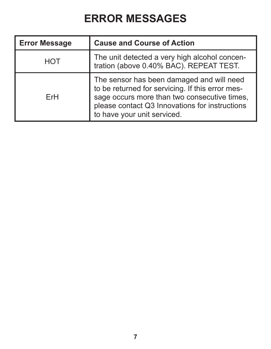 Error messages | Q3 Innovations AlcoHAWK ABI User Manual | Page 9 / 16