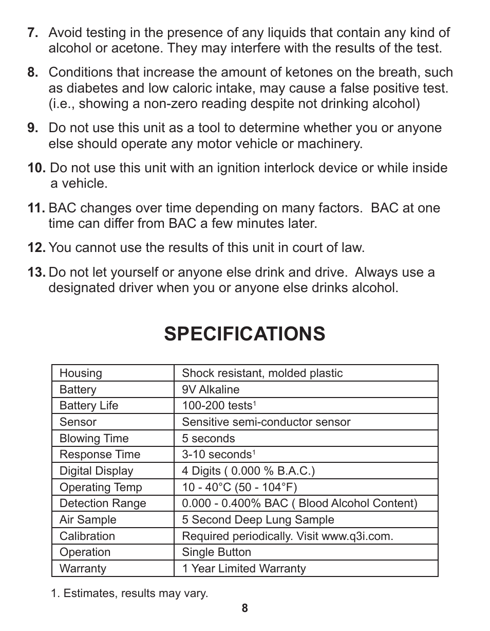 Specifications | Q3 Innovations AlcoHAWK PRECISION User Manual | Page 10 / 16