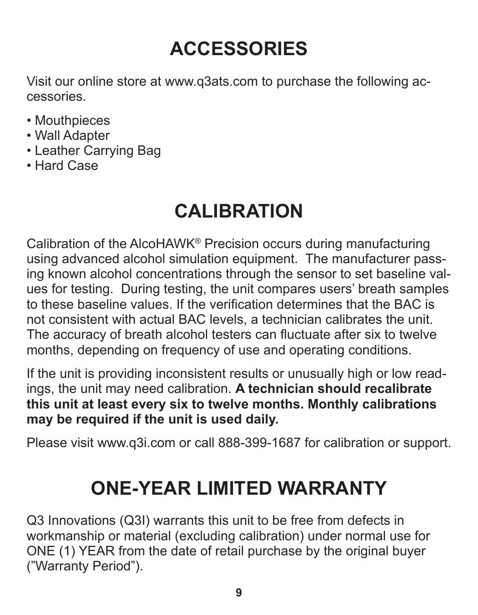 Accessories, Calibration, One-year limited warranty | Q3 Innovations AlcoHAWK PRECISION User Manual | Page 11 / 16