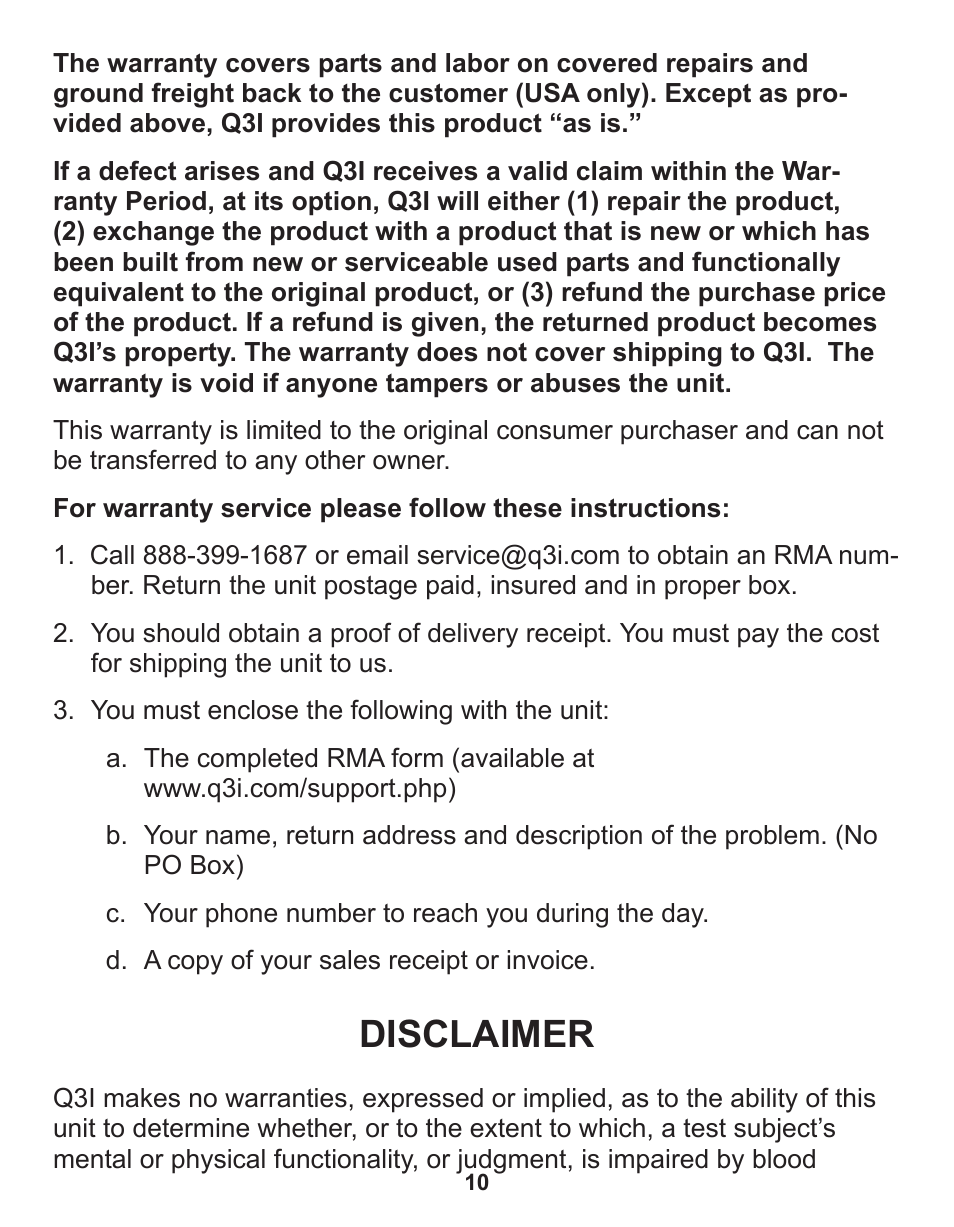 Disclaimer | Q3 Innovations AlcoHAWK PRECISION User Manual | Page 12 / 16