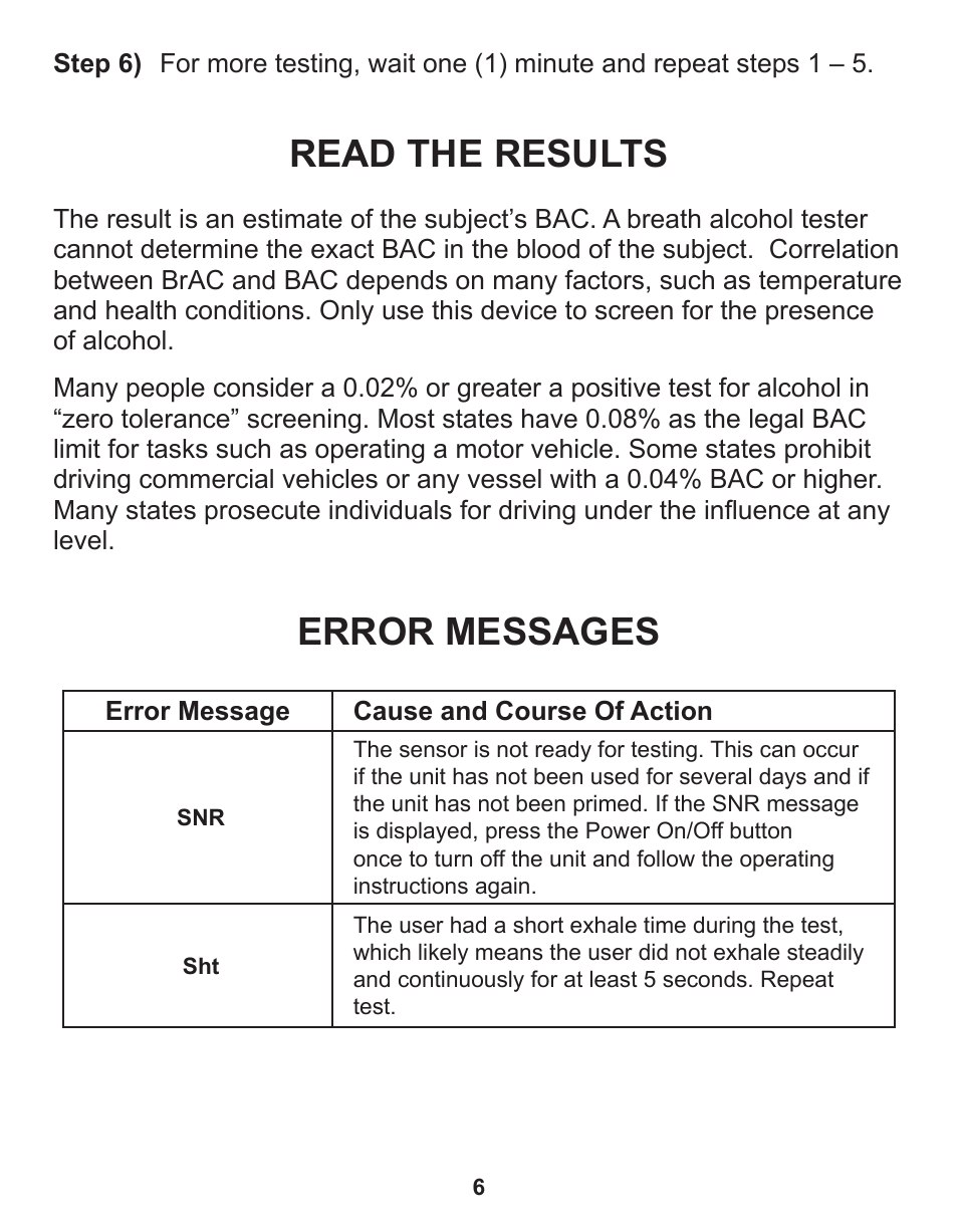 Read the results, Error messages | Q3 Innovations AlcoHAWK PRECISION User Manual | Page 8 / 16