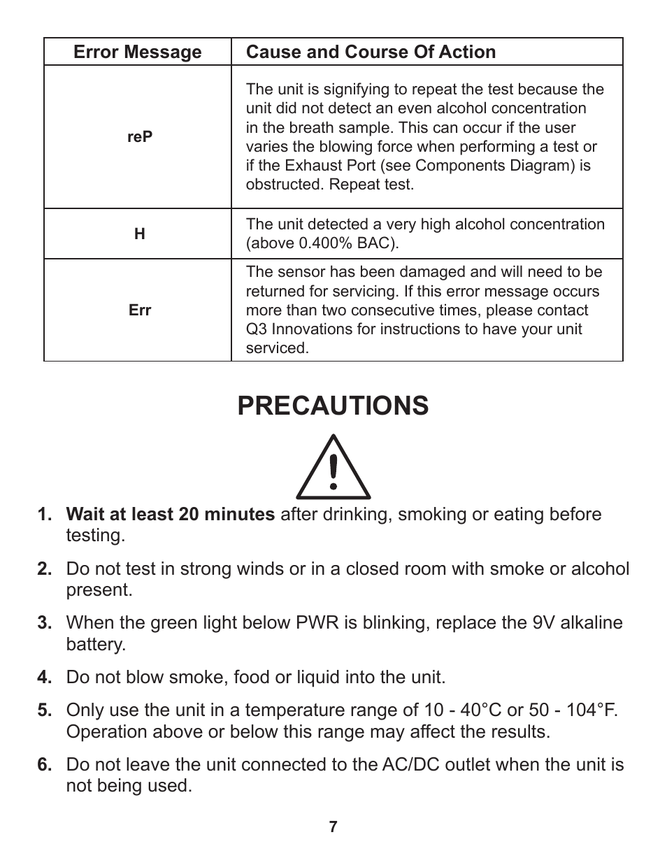 Precautions | Q3 Innovations AlcoHAWK PRECISION User Manual | Page 9 / 16