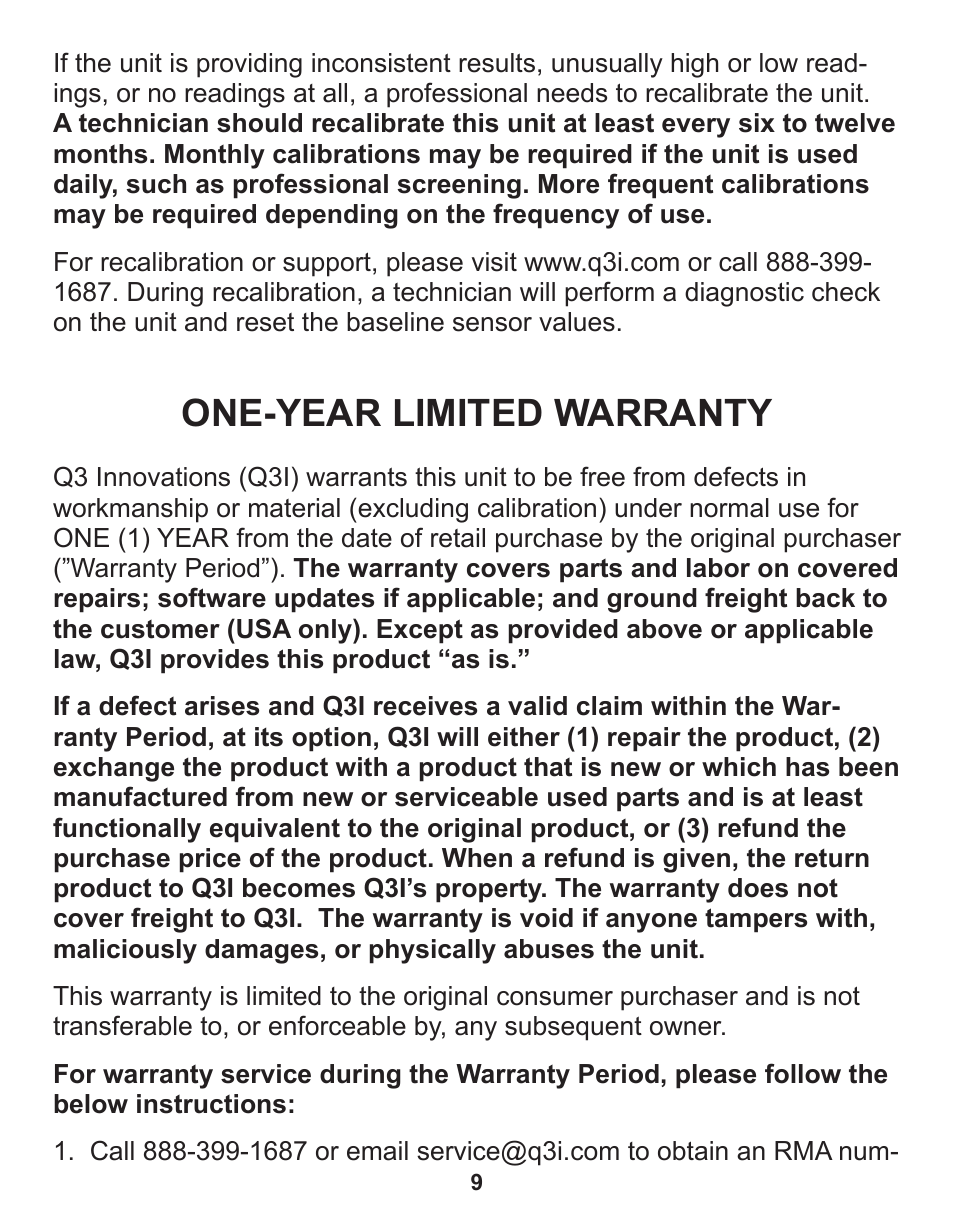 One-year limited warranty | Q3 Innovations AlcoHAWK SLIM User Manual | Page 11 / 16