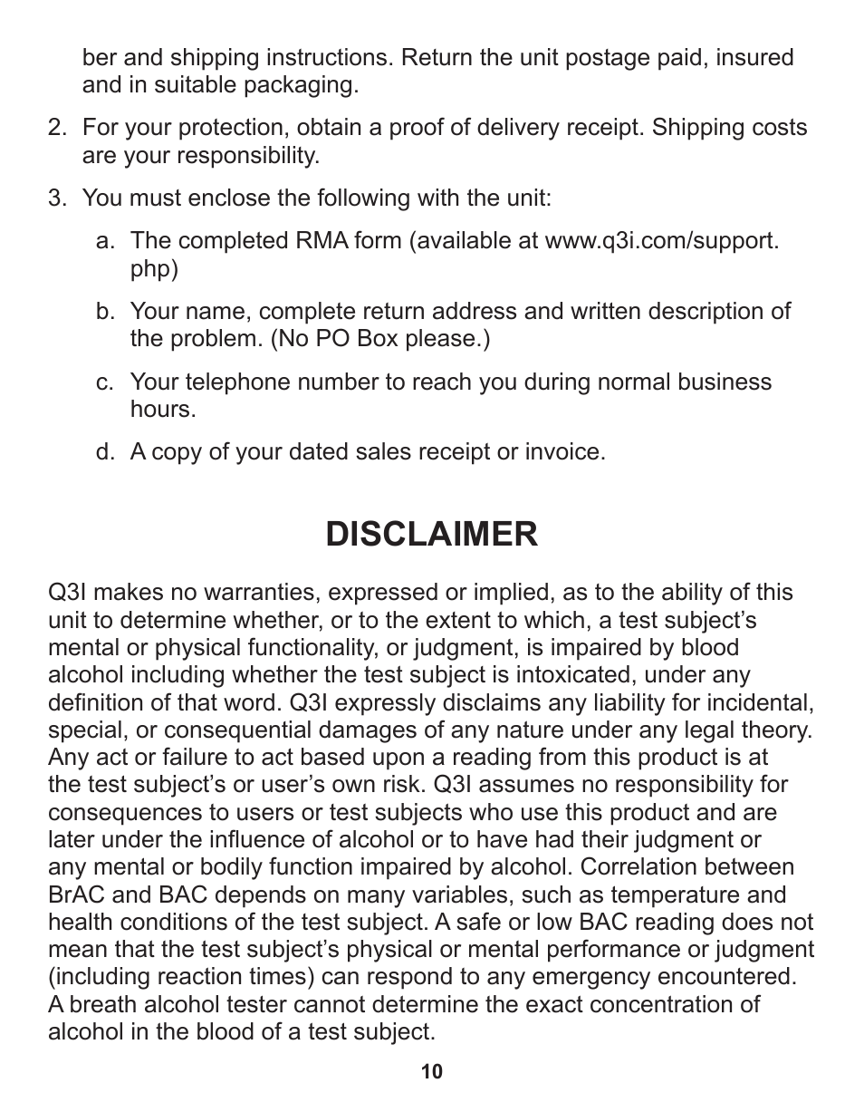 Disclaimer | Q3 Innovations AlcoHAWK SLIM User Manual | Page 12 / 16