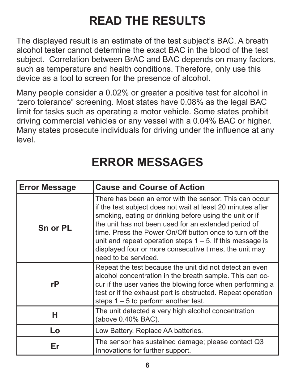 Read the results, Error messages | Q3 Innovations AlcoHAWK SLIM User Manual | Page 8 / 16