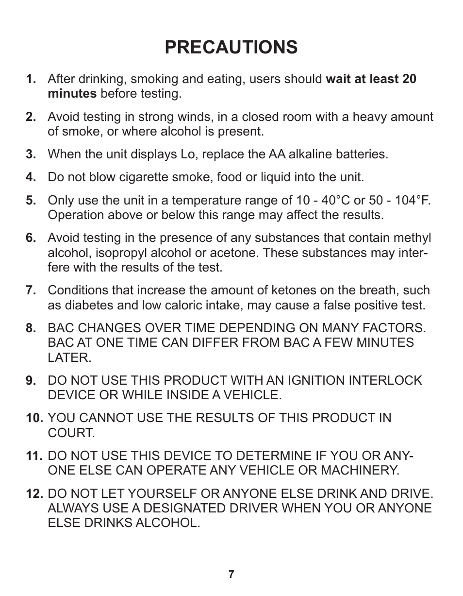 Precautions | Q3 Innovations AlcoHAWK SLIM User Manual | Page 9 / 16