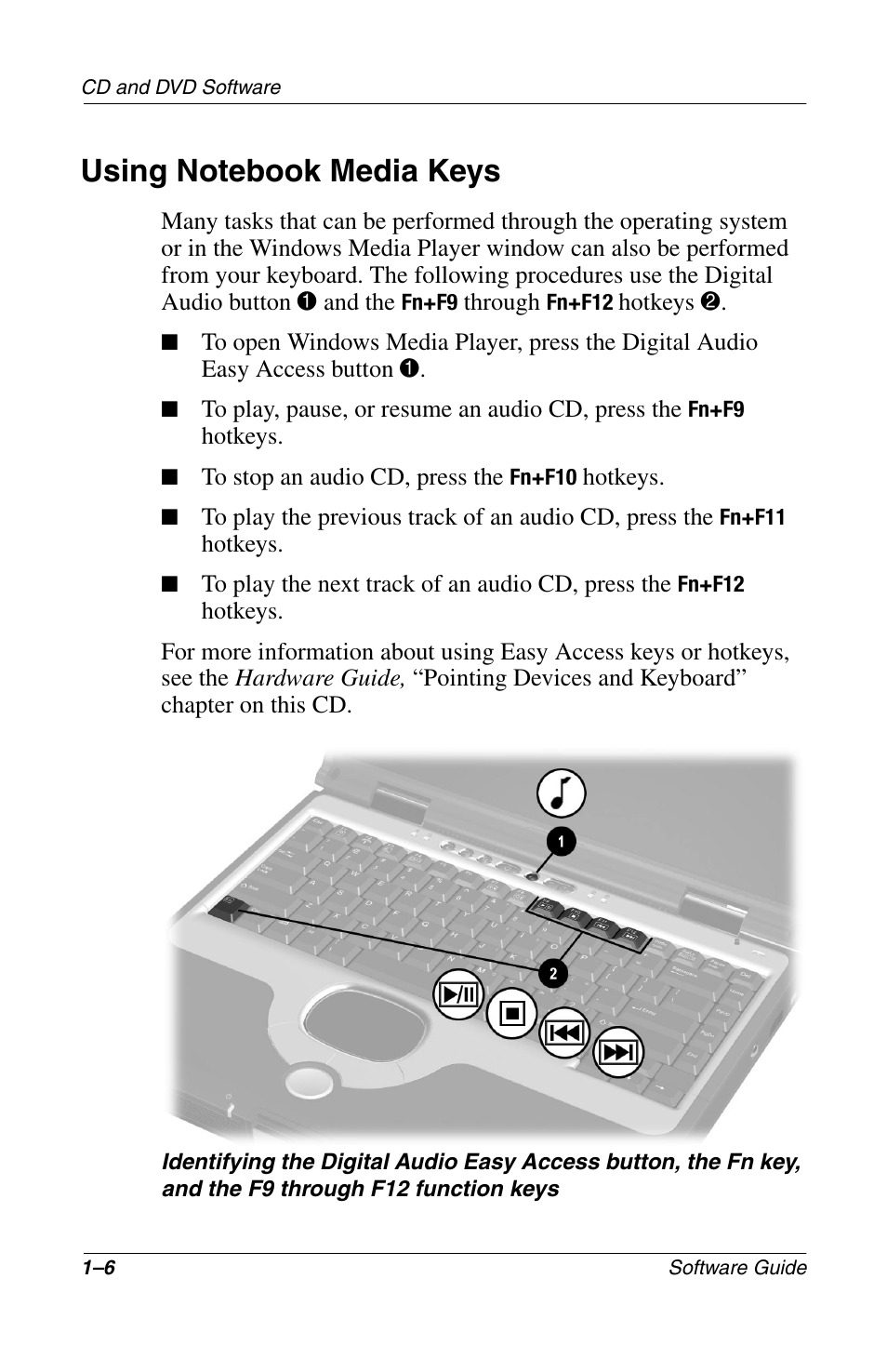 Using notebook media keys, Using notebook media keys –6 | Compaq 285558-001 User Manual | Page 12 / 98