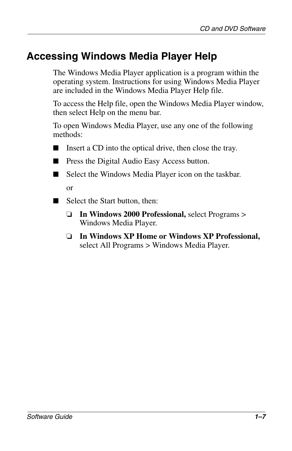 Accessing windows media player help, Accessing windows media player help –7 | Compaq 285558-001 User Manual | Page 13 / 98