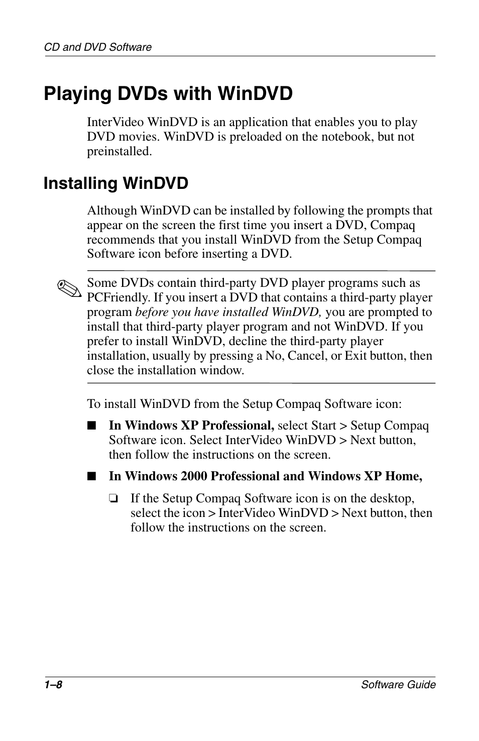Playing dvds with windvd, Installing windvd, Playing dvds with windvd –8 | Installing windvd –8 | Compaq 285558-001 User Manual | Page 14 / 98