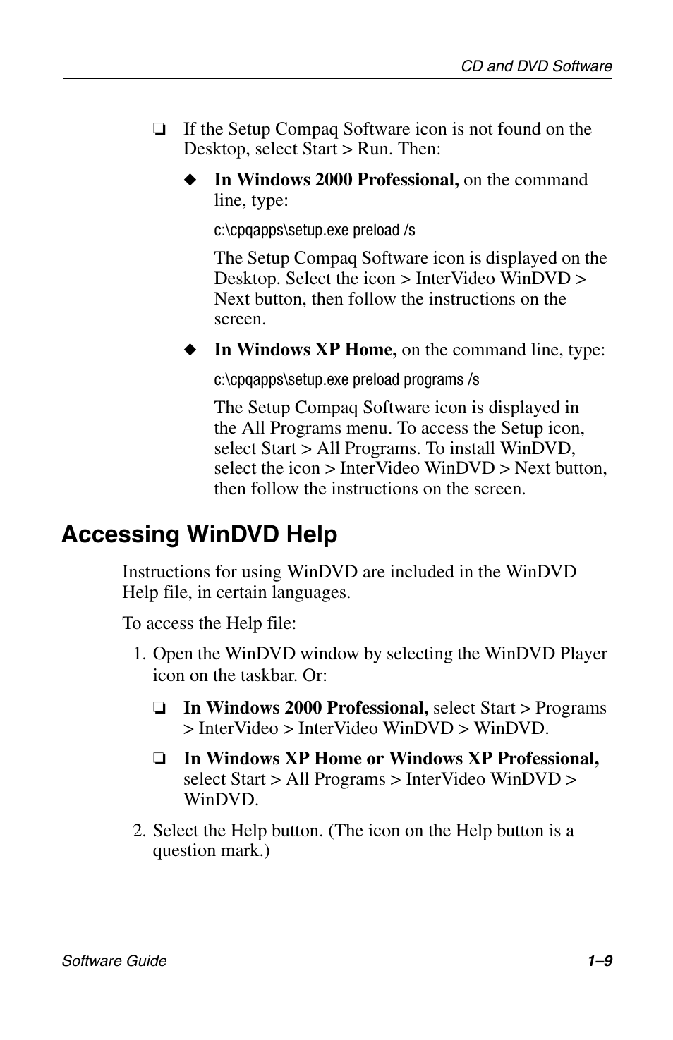 Accessing windvd help, Accessing windvd help –9 | Compaq 285558-001 User Manual | Page 15 / 98