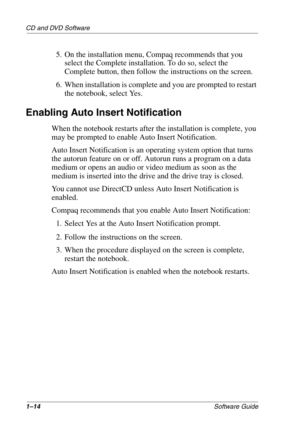 Enabling auto insert notification, Enabling auto insert notification –14 | Compaq 285558-001 User Manual | Page 20 / 98