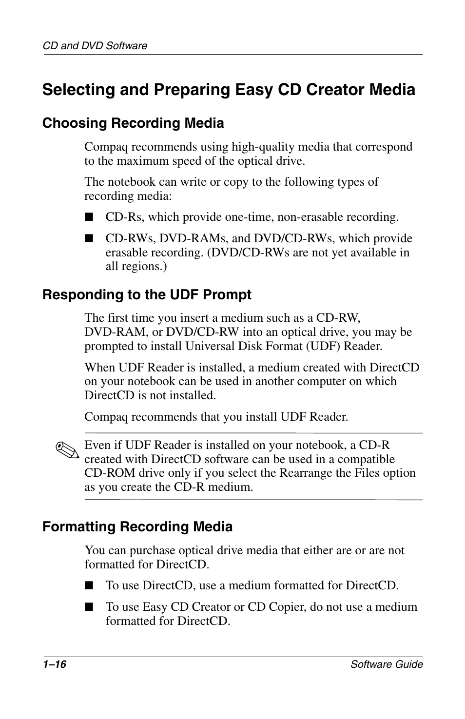 Selecting and preparing easy cd creator media, Selecting and preparing easy cd creator media –16 | Compaq 285558-001 User Manual | Page 22 / 98