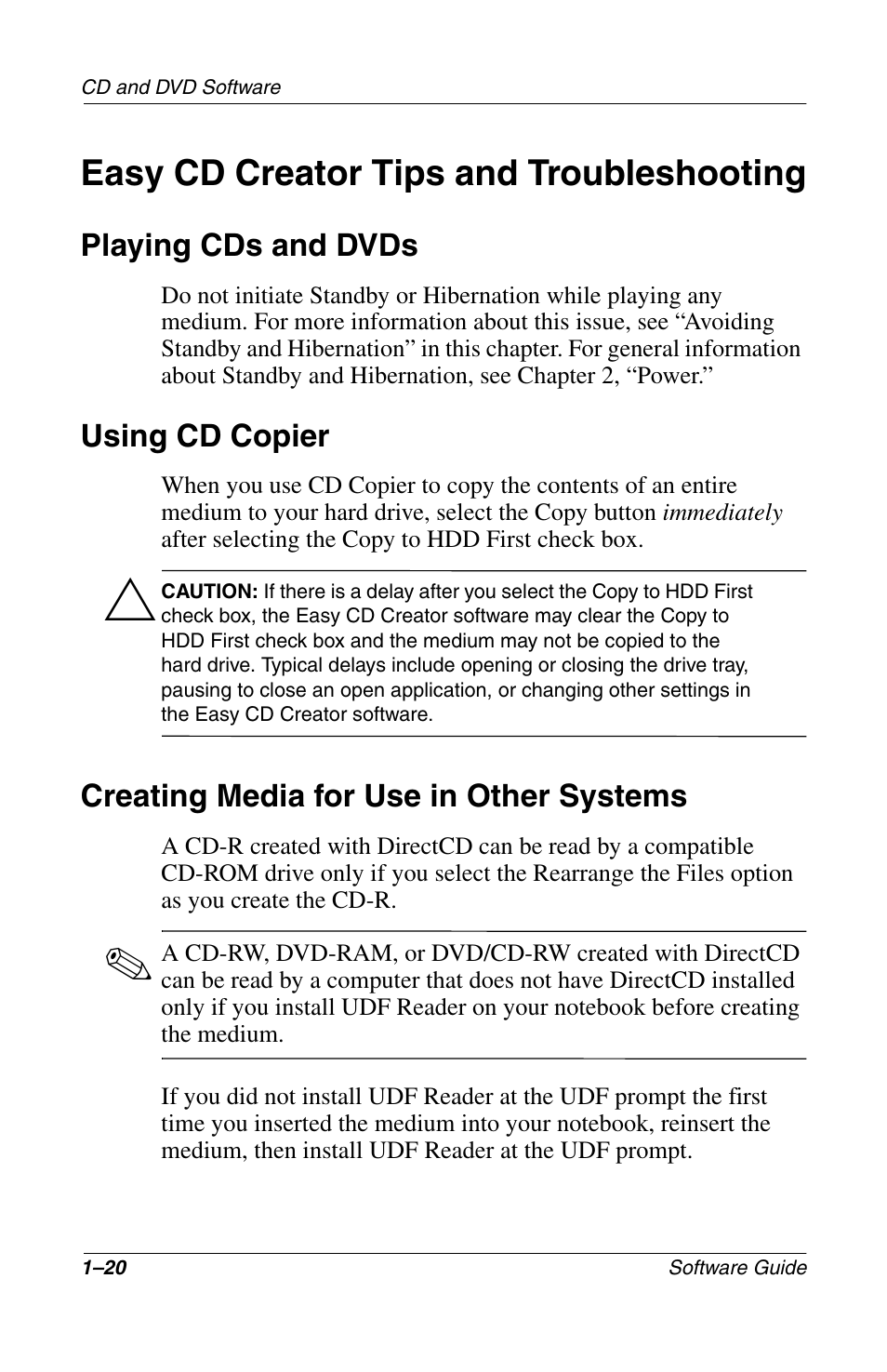 Easy cd creator tips and troubleshooting, Playing cds and dvds, Using cd copier | Creating media for use in other systems, Easy cd creator tips and troubleshooting –20 | Compaq 285558-001 User Manual | Page 26 / 98