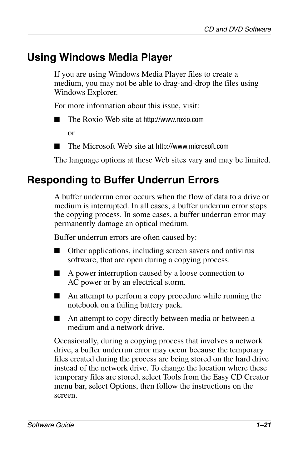 Using windows media player, Responding to buffer underrun errors | Compaq 285558-001 User Manual | Page 27 / 98