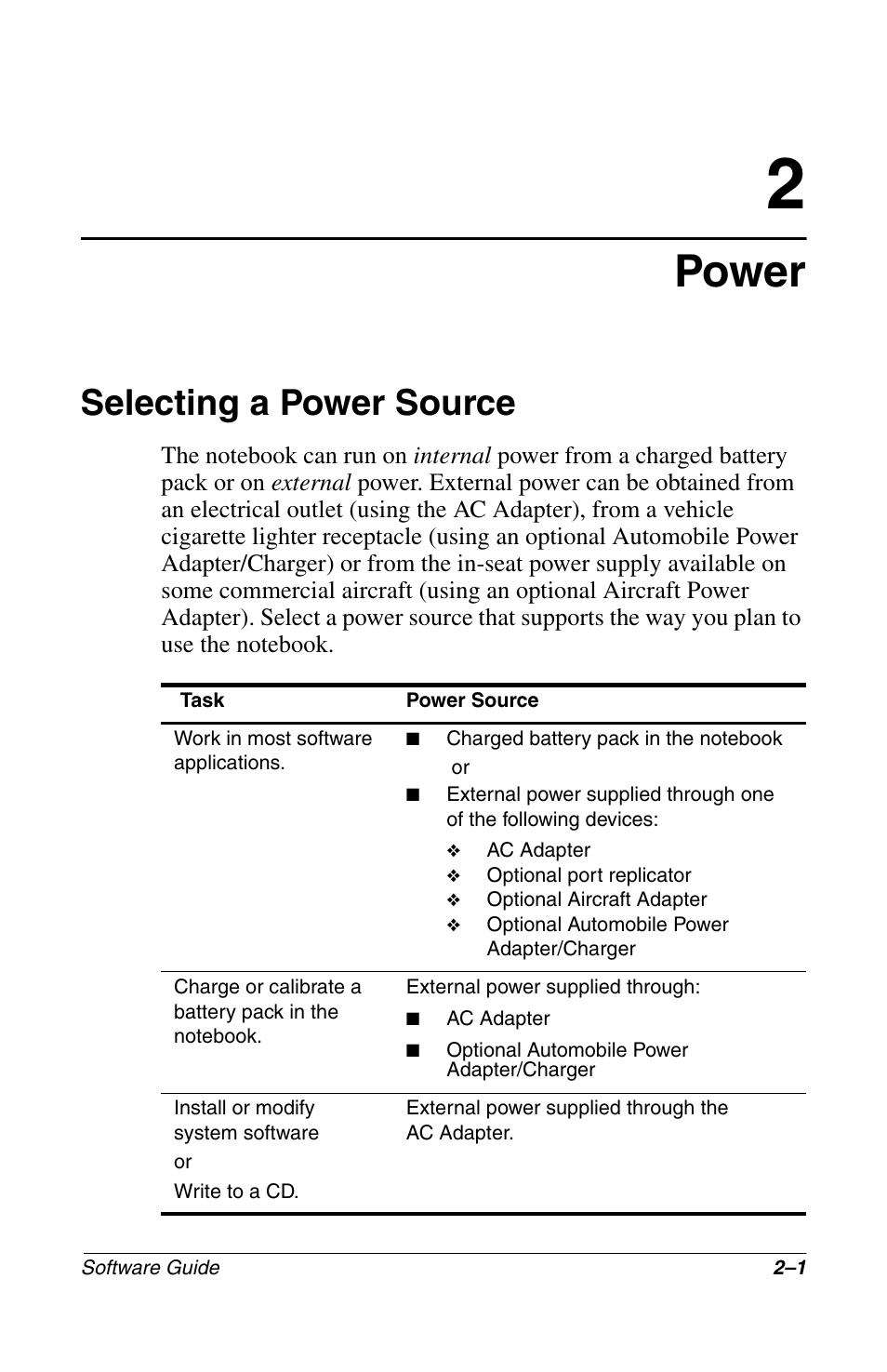 Power, Selecting a power source, Selecting a power source –1 | Compaq 285558-001 User Manual | Page 28 / 98