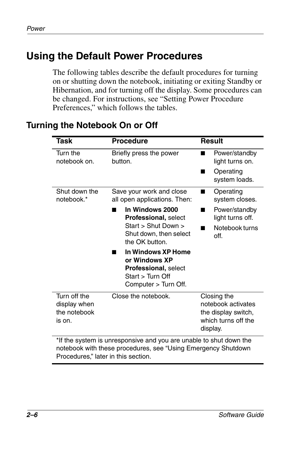 Using the default power procedures, Using the default power procedures –6 | Compaq 285558-001 User Manual | Page 33 / 98
