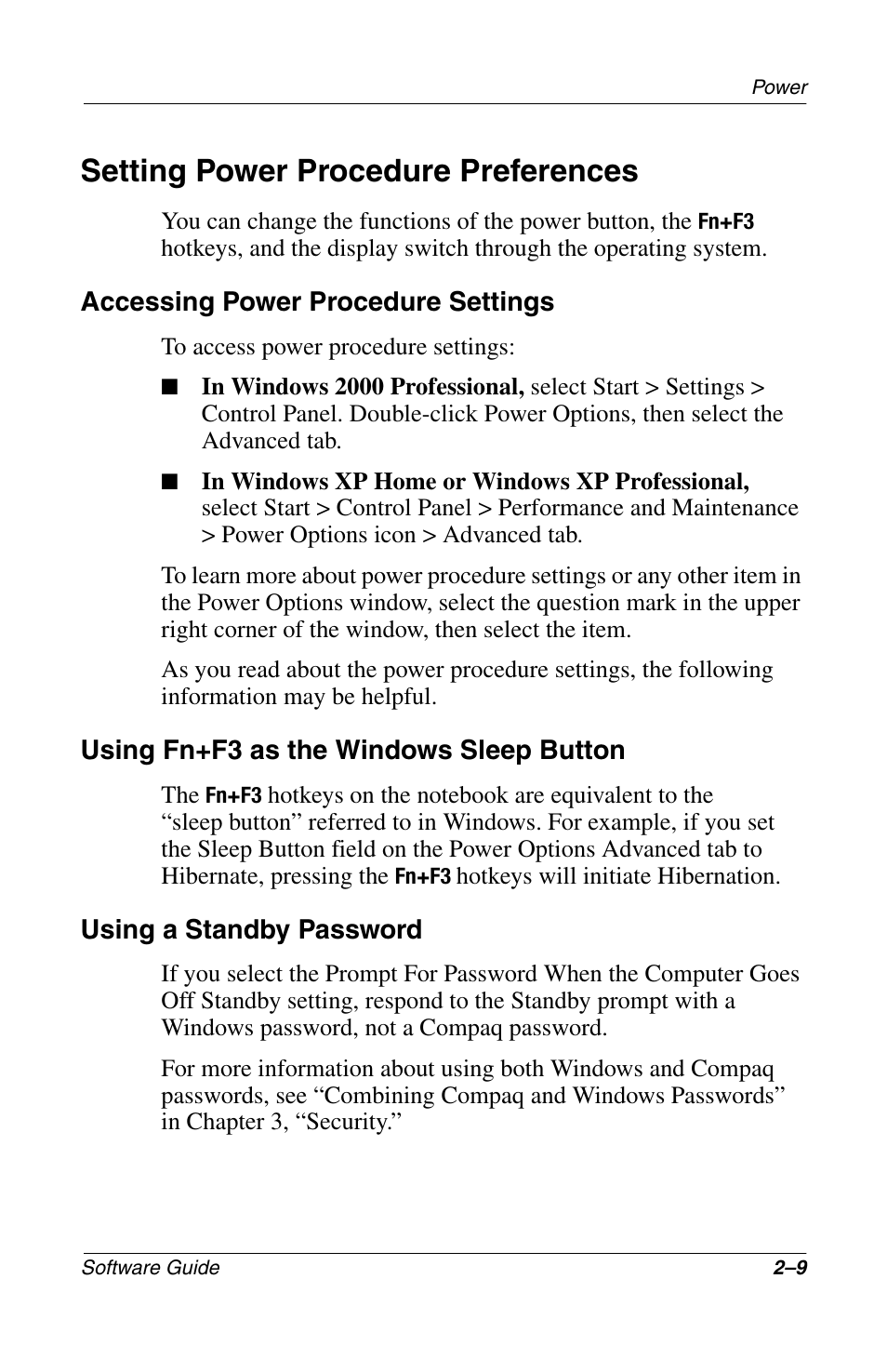 Setting power procedure preferences, Setting power procedure preferences –9 | Compaq 285558-001 User Manual | Page 36 / 98