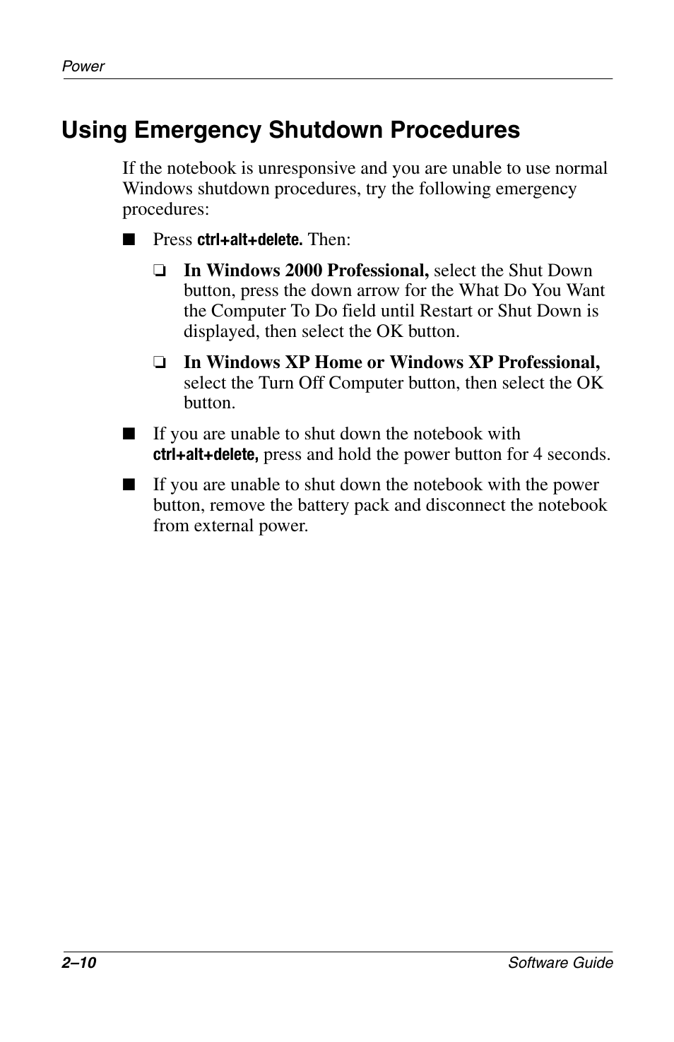 Using emergency shutdown procedures, Using emergency shutdown procedures –10 | Compaq 285558-001 User Manual | Page 37 / 98
