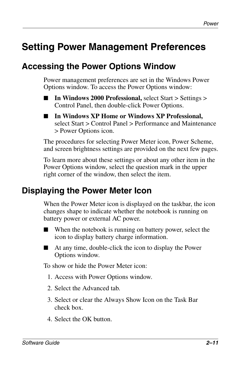 Setting power management preferences, Accessing the power options window, Displaying the power meter icon | Setting power management preferences –11 | Compaq 285558-001 User Manual | Page 38 / 98