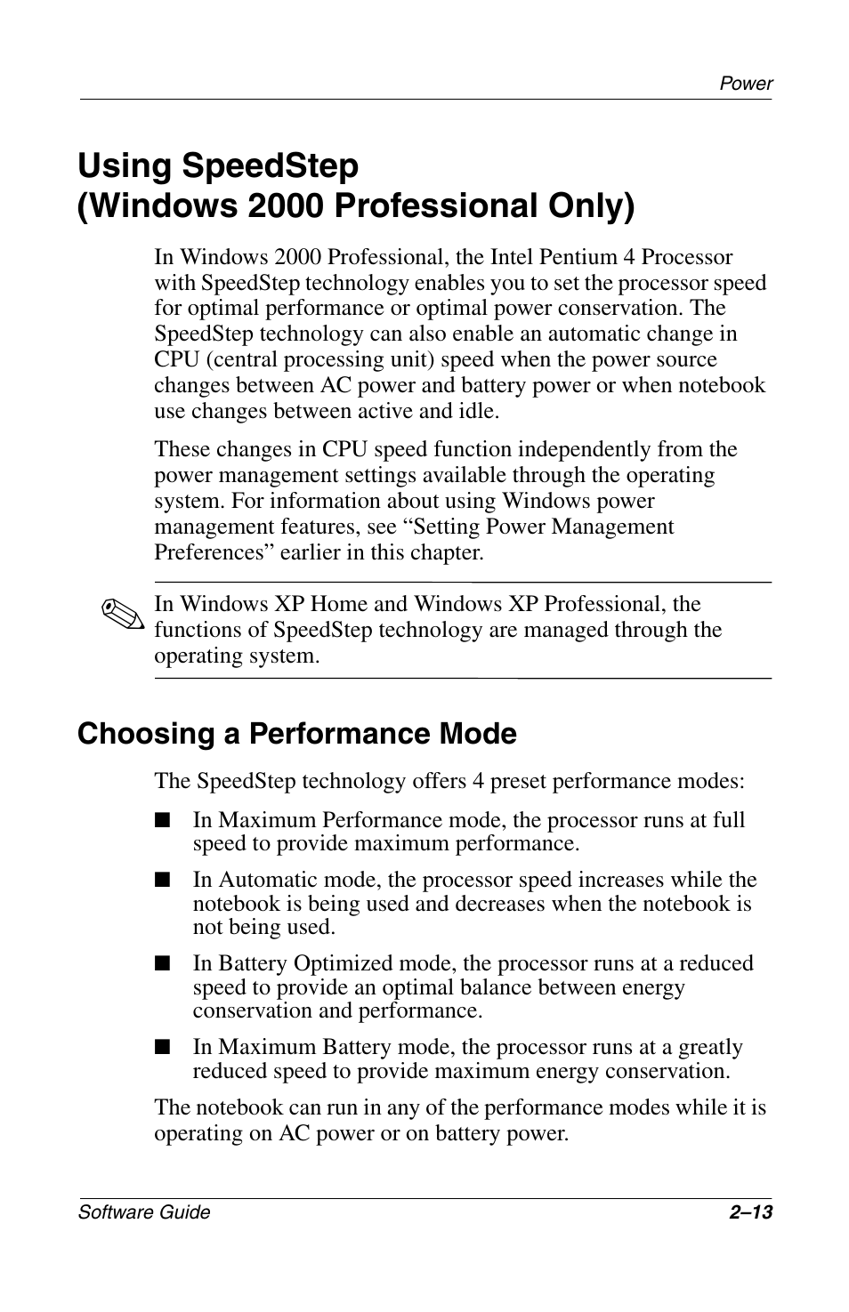 Using speedstep (windows2000professionalonly), Choosing a performance mode, Choosing a performance mode –13 | Using speedstep (windows 2000 professional only) | Compaq 285558-001 User Manual | Page 40 / 98