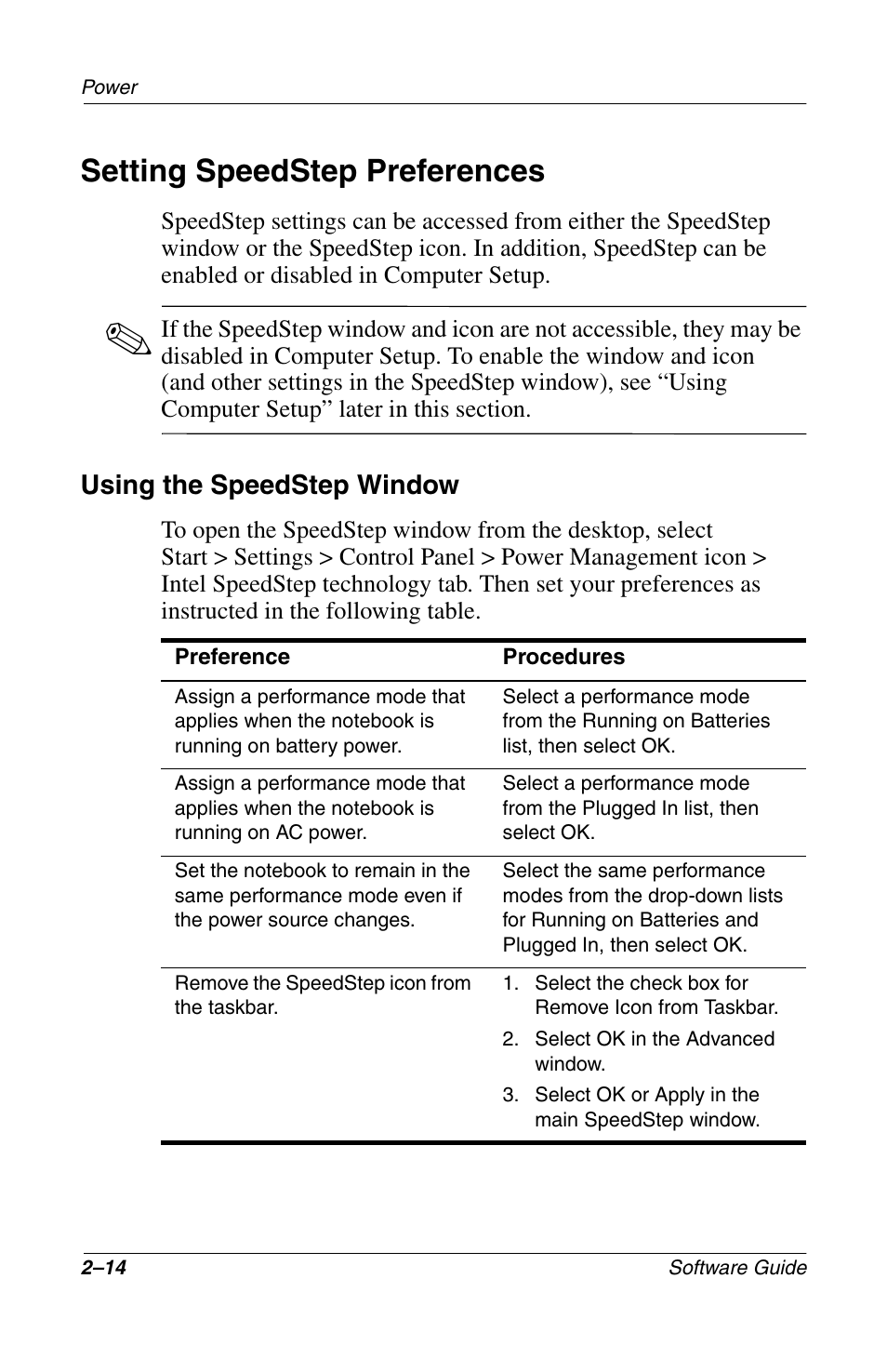 Setting speedstep preferences, Setting speedstep preferences –14, Using the speedstep window | Compaq 285558-001 User Manual | Page 41 / 98