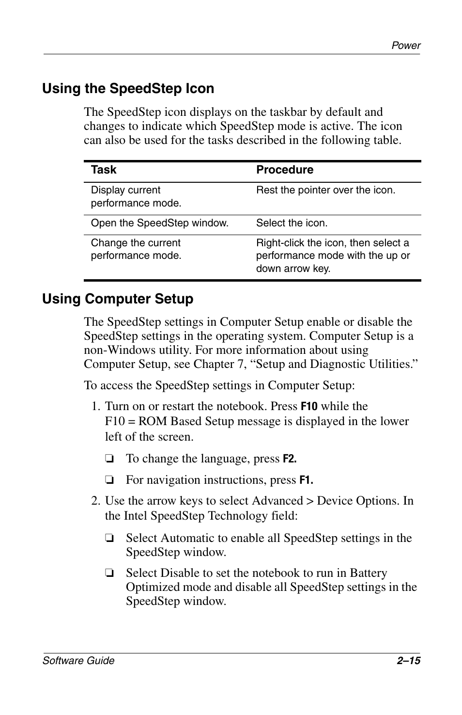 Using the speedstep icon, Using computer setup | Compaq 285558-001 User Manual | Page 42 / 98