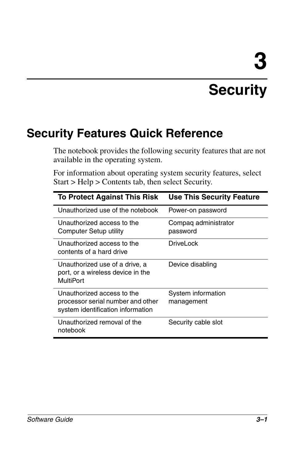 Security, Security features quick reference, Security features quick reference –1 | Compaq 285558-001 User Manual | Page 44 / 98