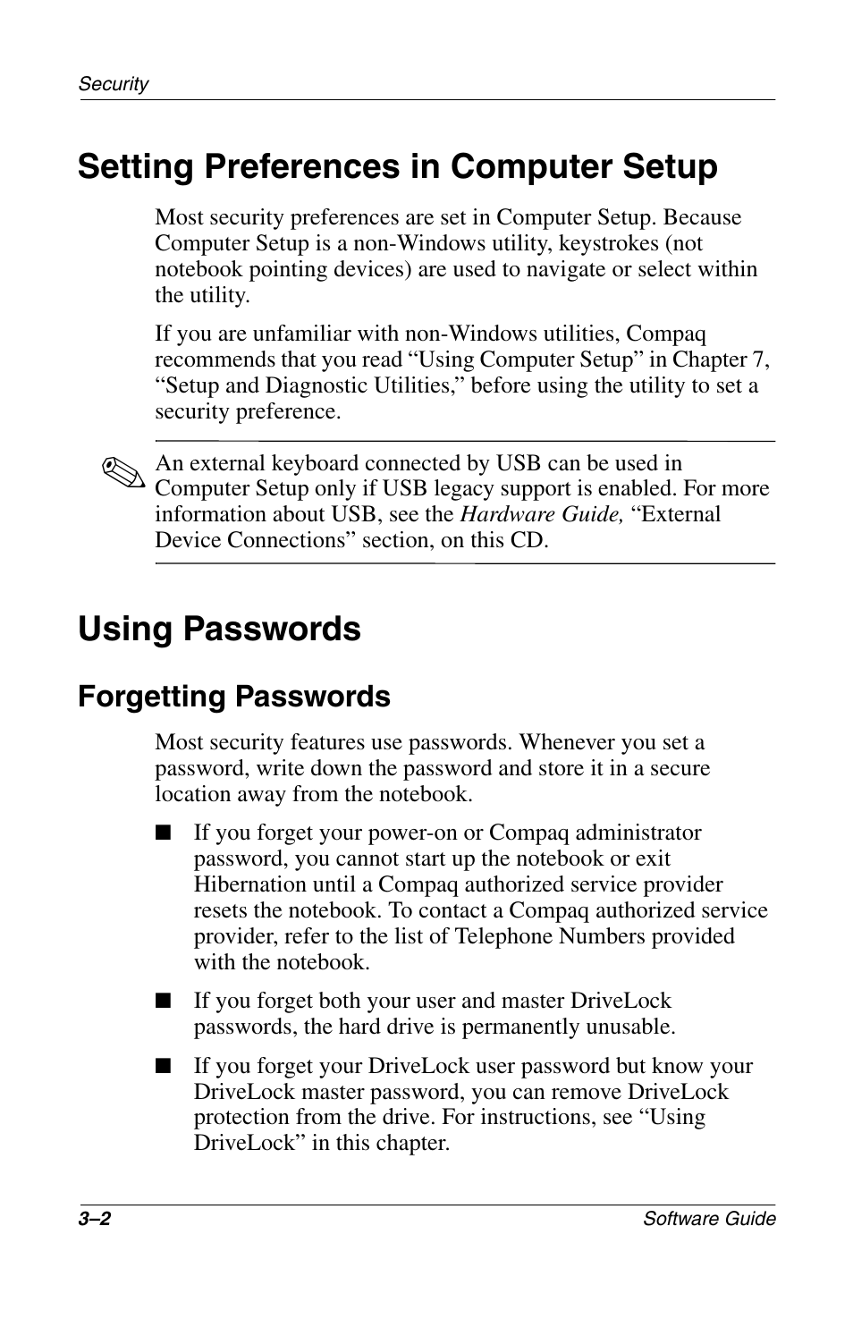 Setting preferences in computer setup, Using passwords, Forgetting passwords | Forgetting passwords –2 | Compaq 285558-001 User Manual | Page 45 / 98
