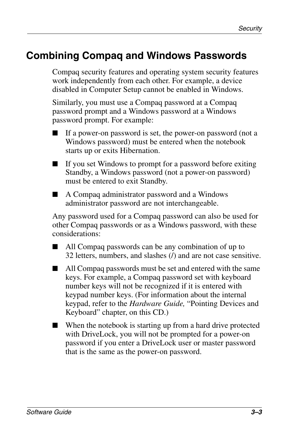 Combining compaq and windows passwords, Combining compaq and windows passwords –3 | Compaq 285558-001 User Manual | Page 46 / 98