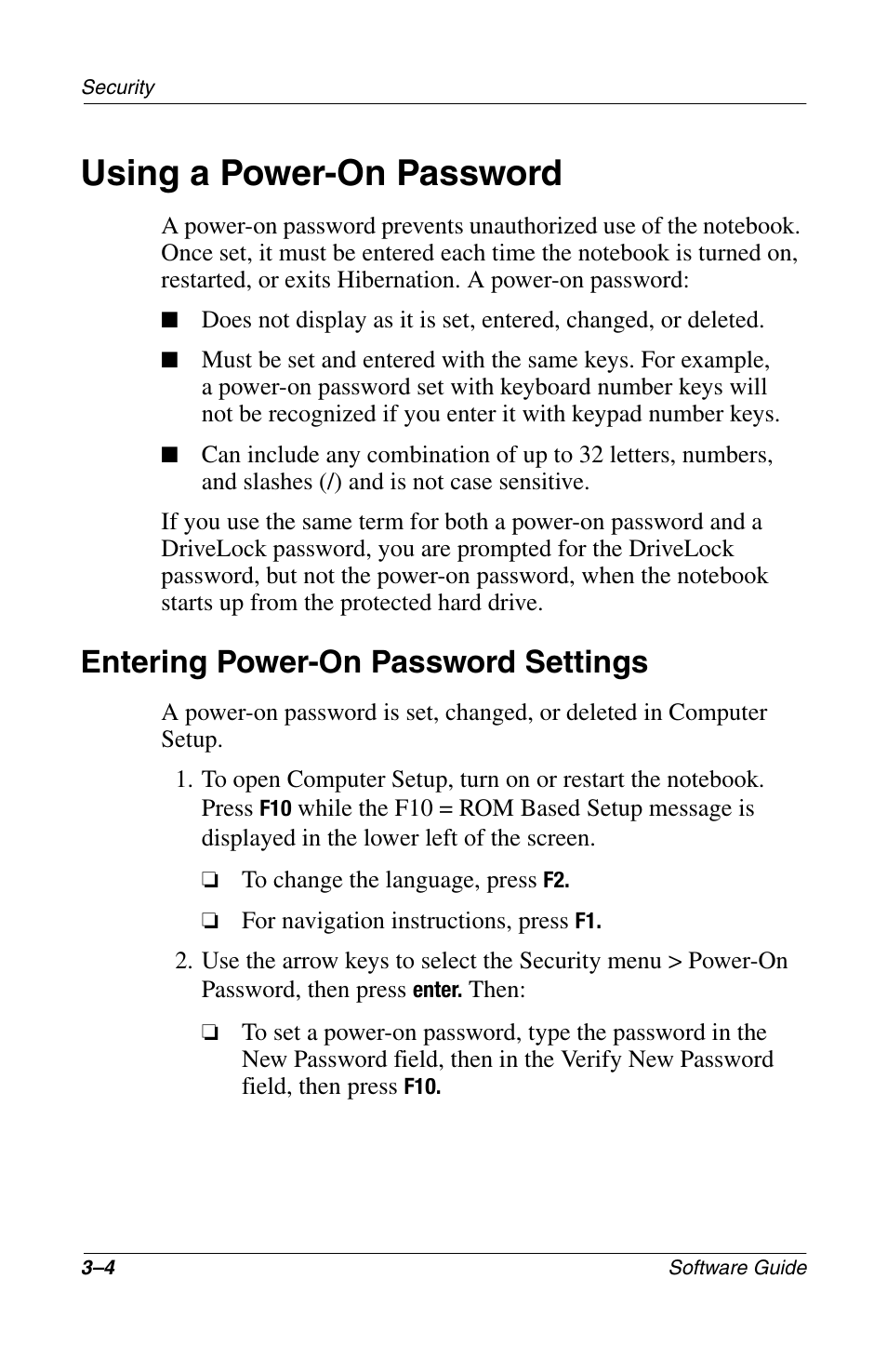 Using a power-on password, Entering power-on password settings, Using a power-on password –4 | Entering power-on password settings –4 | Compaq 285558-001 User Manual | Page 47 / 98