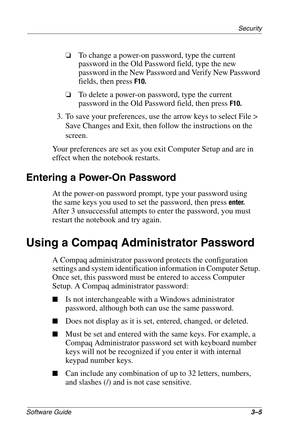 Entering a power-on password, Using a compaq administrator password, Entering a power-on password –5 | Using a compaq administrator password –5 | Compaq 285558-001 User Manual | Page 48 / 98