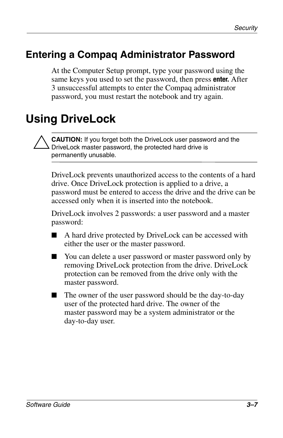 Entering a compaq administrator password, Using drivelock, Entering a compaq administrator password –7 | Using drivelock –7 | Compaq 285558-001 User Manual | Page 50 / 98