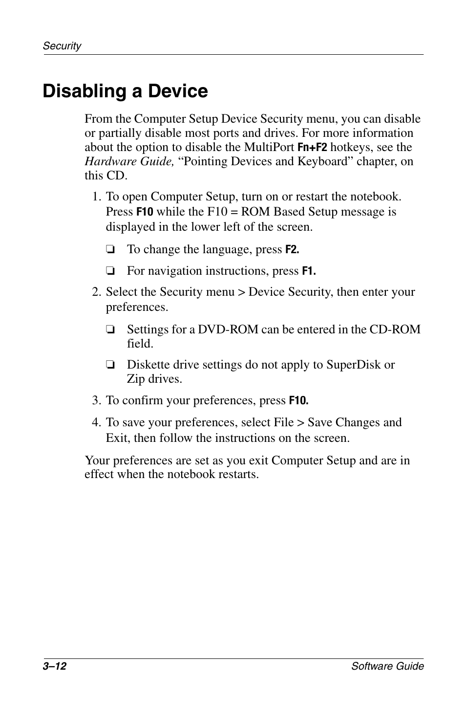 Disabling a device, Disabling a device –12 | Compaq 285558-001 User Manual | Page 55 / 98