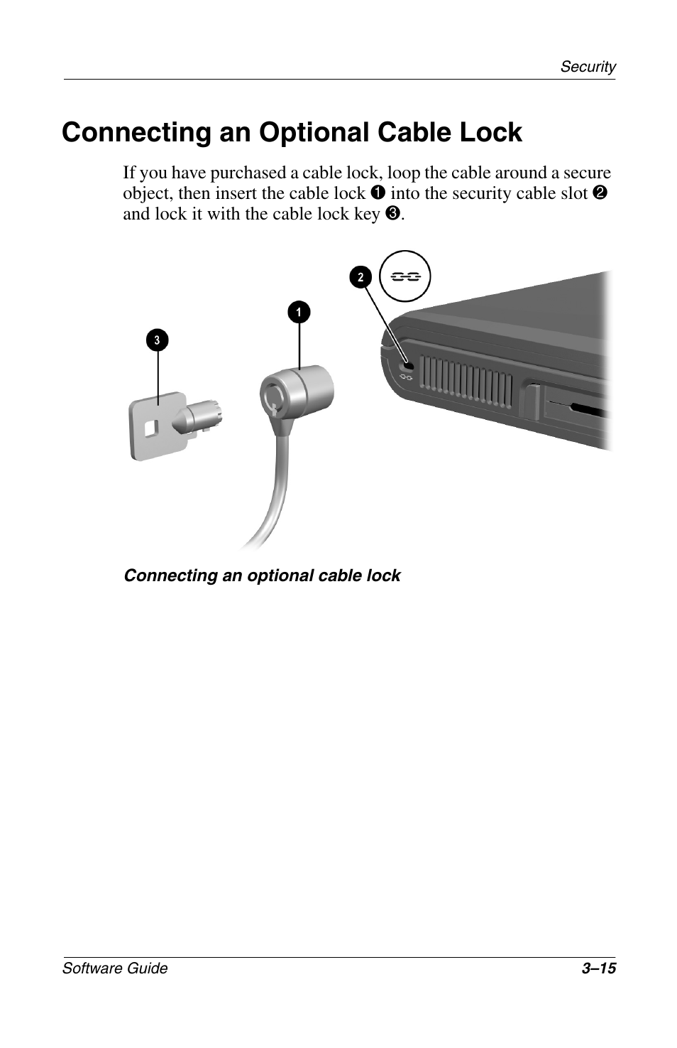 Connecting an optional cable lock, Connecting an optional cable lock –15 | Compaq 285558-001 User Manual | Page 58 / 98